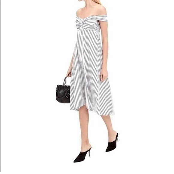A.L.C. Arsenio Off-Shoulder Striped Cotton Midi Dress in White and Gray Poplin - Picture 1 of 8